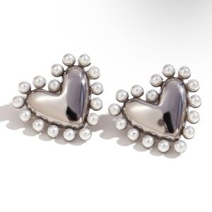 3 FOR $15 Silver Heart Earrings with Pearl Accents